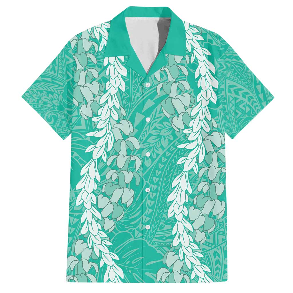 Puakenikeni and Maile Lei Family Matching Tank Maxi Dress and Hawaiian Shirt Sage Green Double Strand Lei