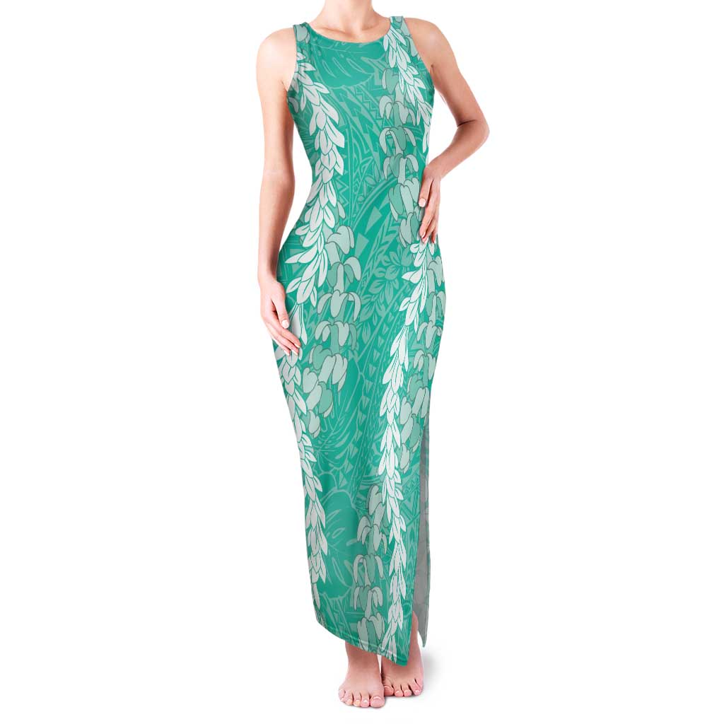 Puakenikeni and Maile Lei Family Matching Tank Maxi Dress and Hawaiian Shirt Sage Green Double Strand Lei