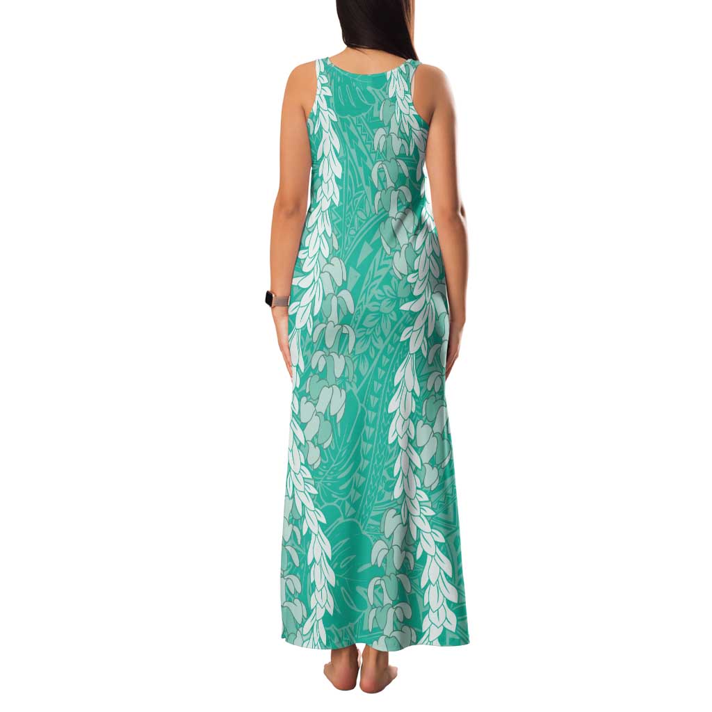 Puakenikeni and Maile Lei Family Matching Tank Maxi Dress and Hawaiian Shirt Sage Green Double Strand Lei