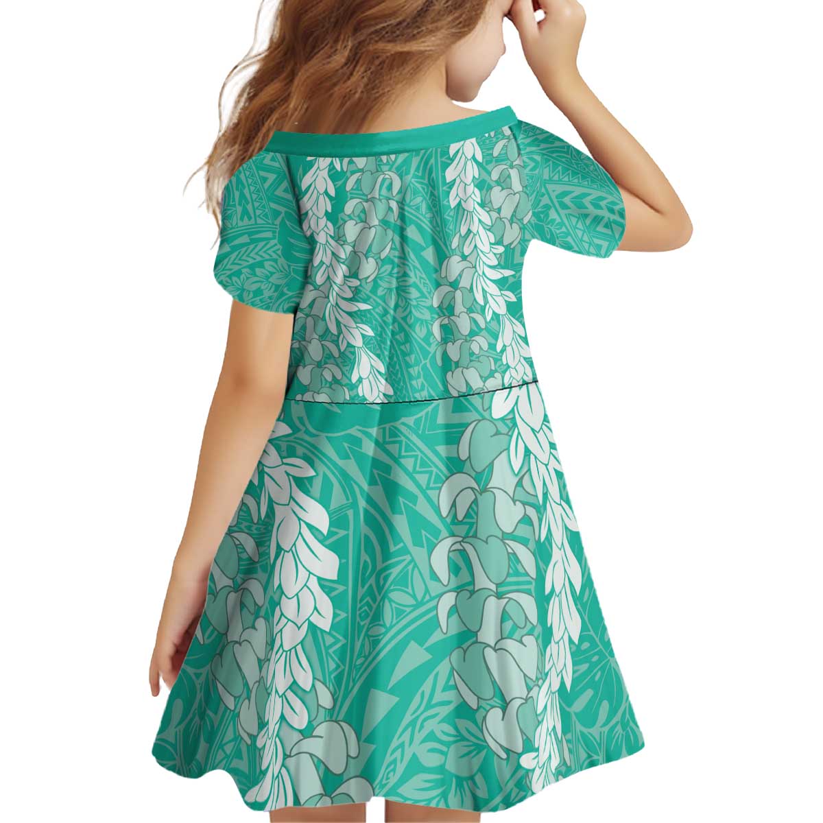 Puakenikeni and Maile Lei Kid Short Sleeve Dress Sage Green Double Strand Lei