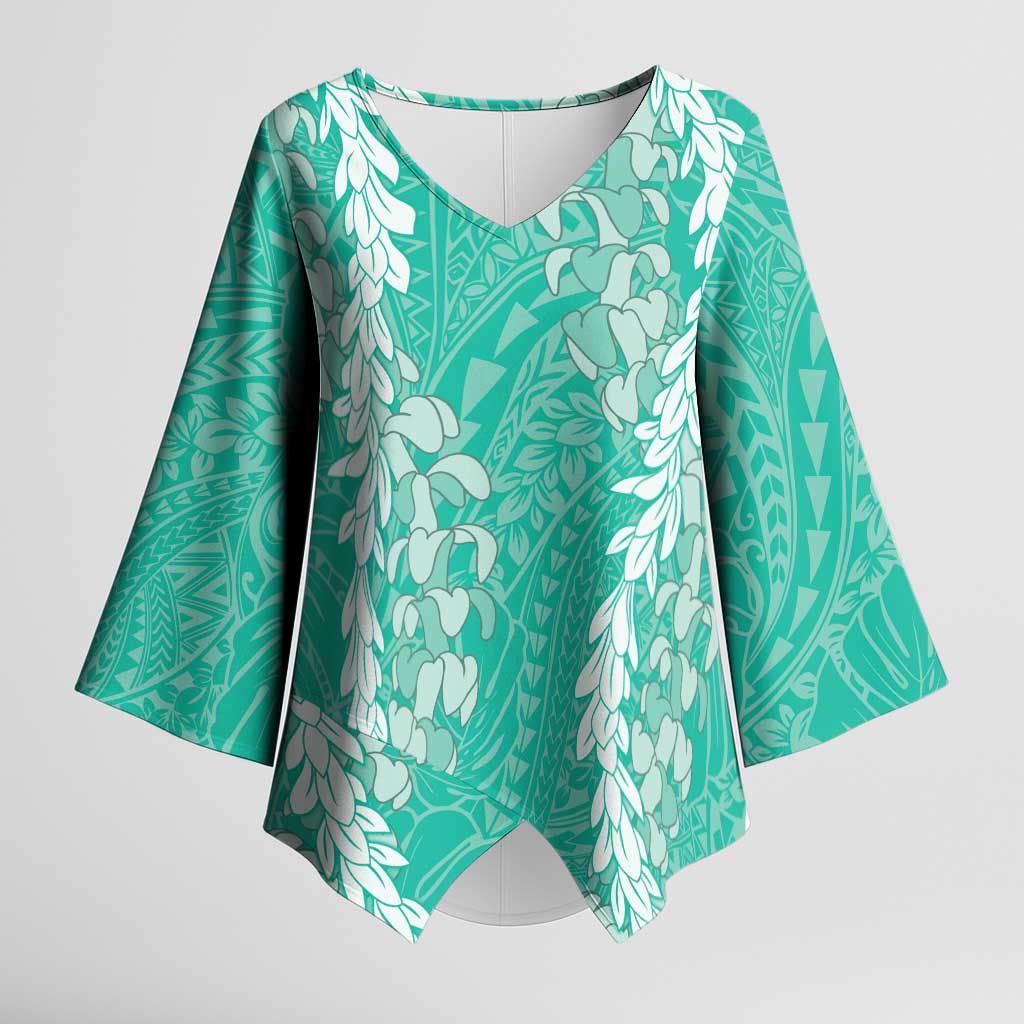Puakenikeni and Maile Lei Kimono Sleeve Blouse Sage Green Double Strand Lei - Polynesian Pride