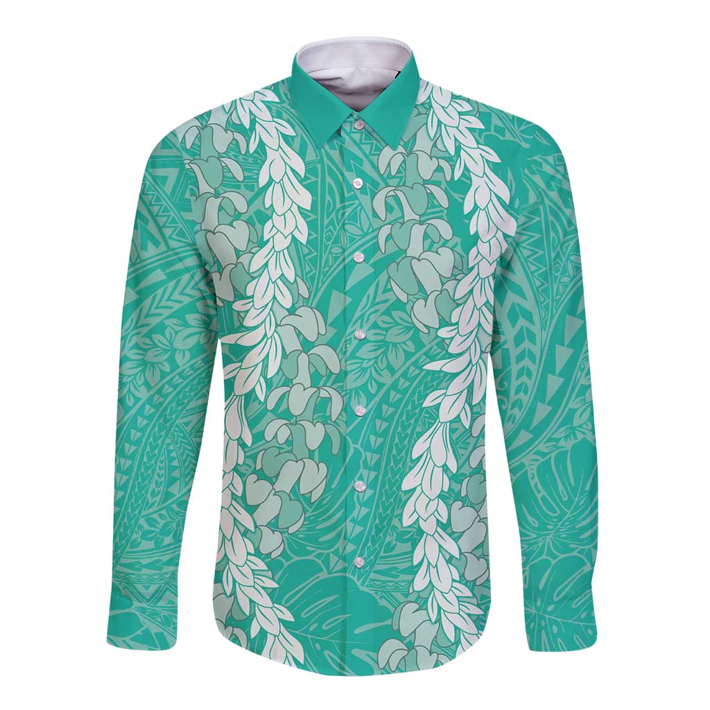 Puakenikeni and Maile Lei Long Sleeve Button Shirt Sage Green Double Strand Lei LT9 Unisex Sage Green - Polynesian Pride