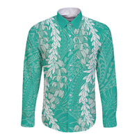 Puakenikeni and Maile Lei Long Sleeve Button Shirt Sage Green Double Strand Lei LT9 Unisex Sage Green - Polynesian Pride