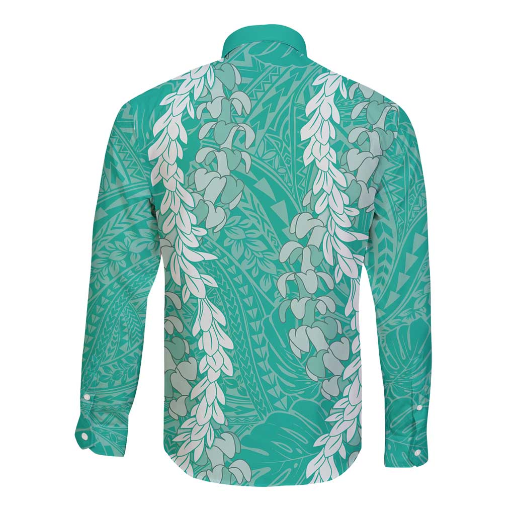 Puakenikeni and Maile Lei Long Sleeve Button Shirt Sage Green Double Strand Lei LT9 - Polynesian Pride