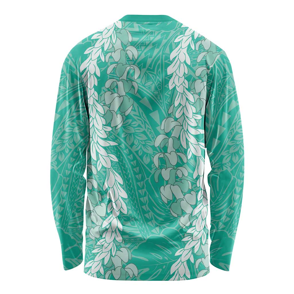 Puakenikeni and Maile Lei Long Sleeve Shirt Sage Green Double Strand Lei LT9 - Polynesian Pride
