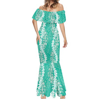 Puakenikeni and Maile Lei Mermaid Dress Sage Green Double Strand Lei