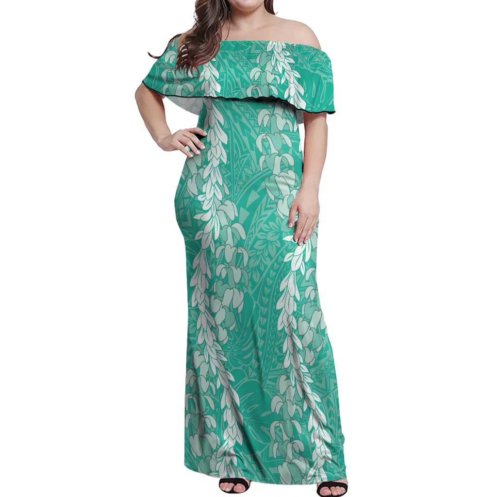 Puakenikeni and Maile Lei Off Shoulder Maxi Dress Sage Green Double Strand Lei