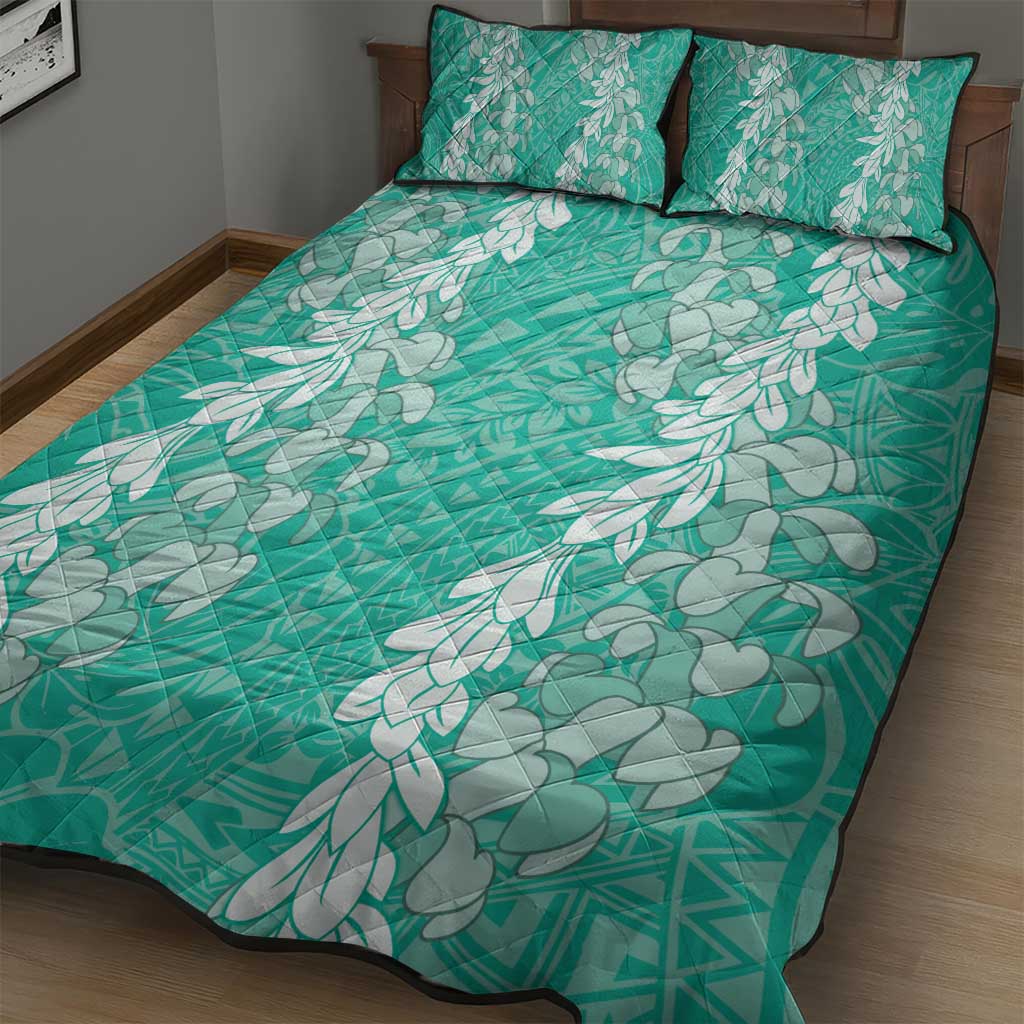 Puakenikeni and Maile Lei Quilt Bed Set Sage Green Double Strand Lei LT9 - Polynesian Pride