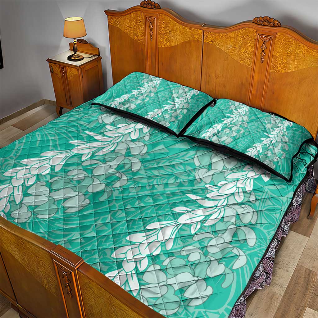 Puakenikeni and Maile Lei Quilt Bed Set Sage Green Double Strand Lei LT9 - Polynesian Pride