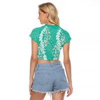 Puakenikeni and Maile Lei Raglan Cropped T Shirt Sage Green Double Strand Lei
