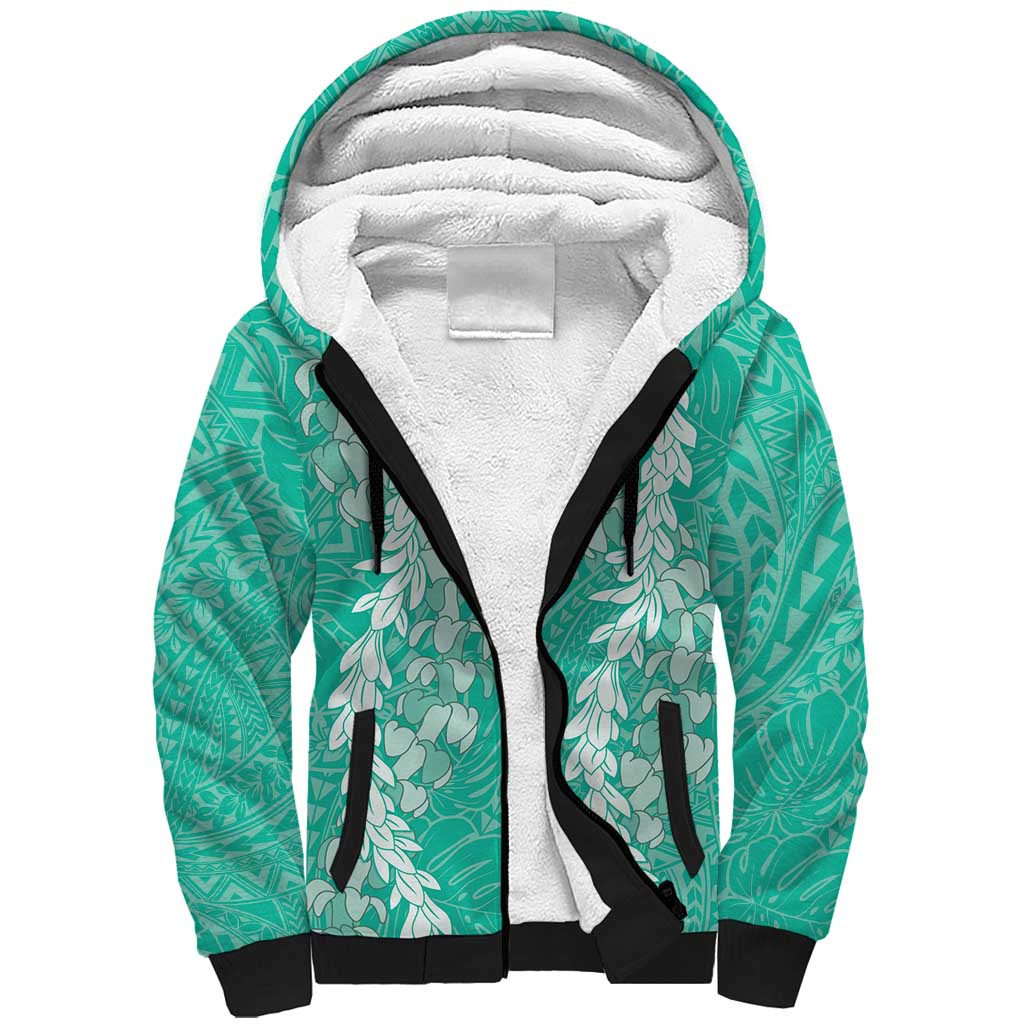 Puakenikeni and Maile Lei Sherpa Hoodie Sage Green Double Strand Lei LT9 Unisex Sage Green - Polynesian Pride
