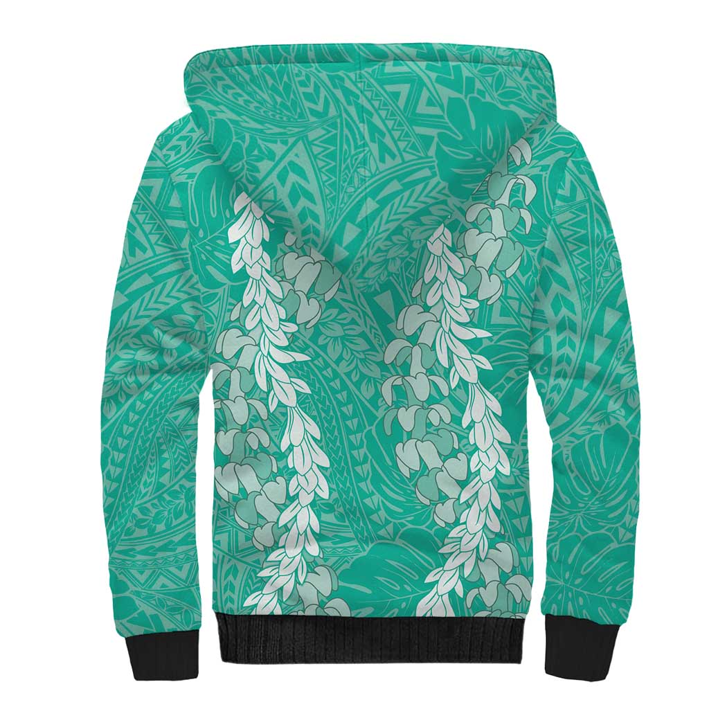 Puakenikeni and Maile Lei Sherpa Hoodie Sage Green Double Strand Lei LT9 - Polynesian Pride