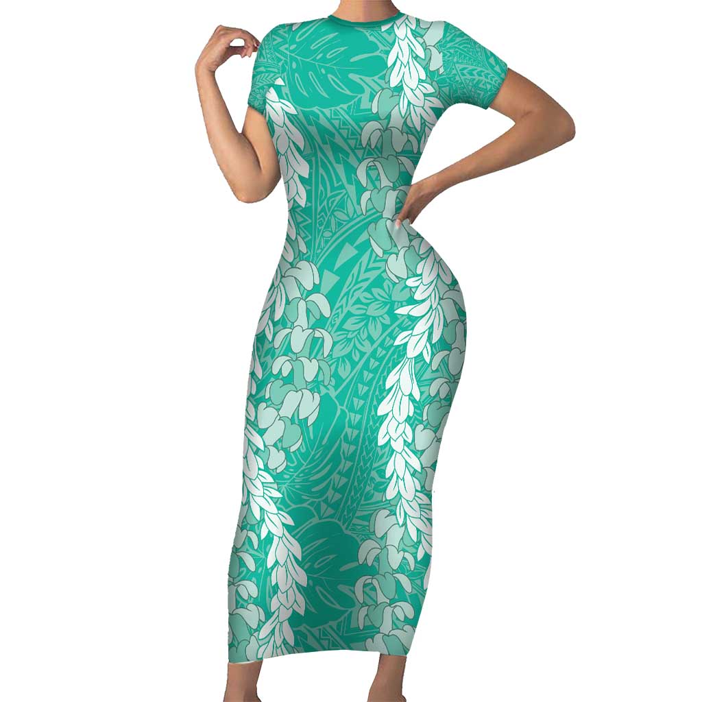 Puakenikeni and Maile Lei Short Sleeve Bodycon Dress Sage Green Double Strand Lei