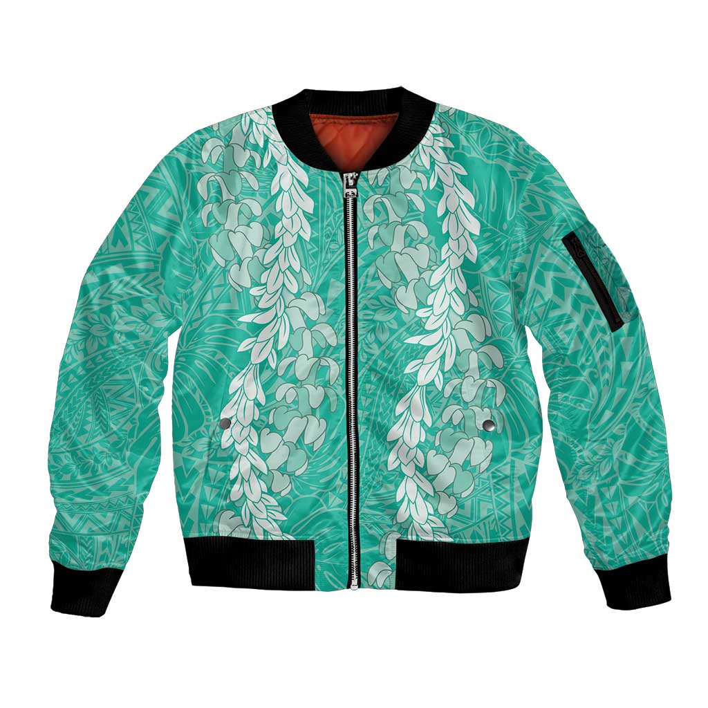 Puakenikeni and Maile Lei Sleeve Zip Bomber Jacket Sage Green Double Strand Lei