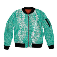 Puakenikeni and Maile Lei Sleeve Zip Bomber Jacket Sage Green Double Strand Lei LT9 Unisex Sage Green - Polynesian Pride