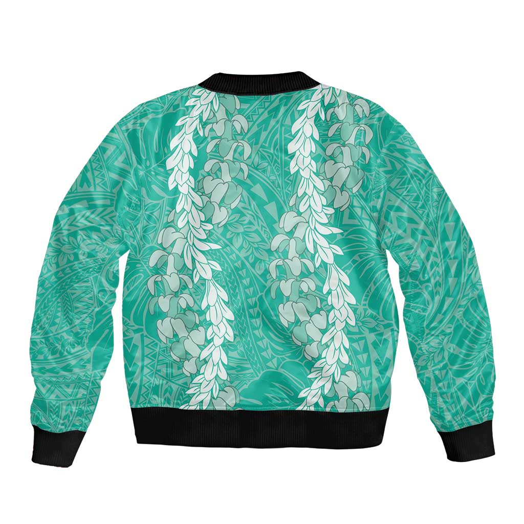 Puakenikeni and Maile Lei Sleeve Zip Bomber Jacket Sage Green Double Strand Lei LT9 - Polynesian Pride