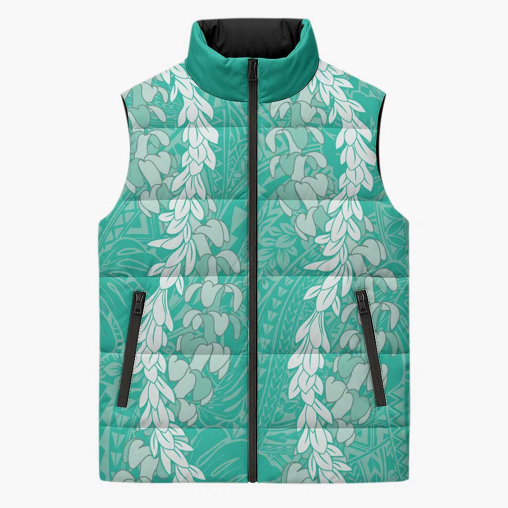 Puakenikeni and Maile Lei Sleeveless Puffer Jacket Sage Green Double Strand Lei LT9 Unisex Sage Green - Polynesian Pride