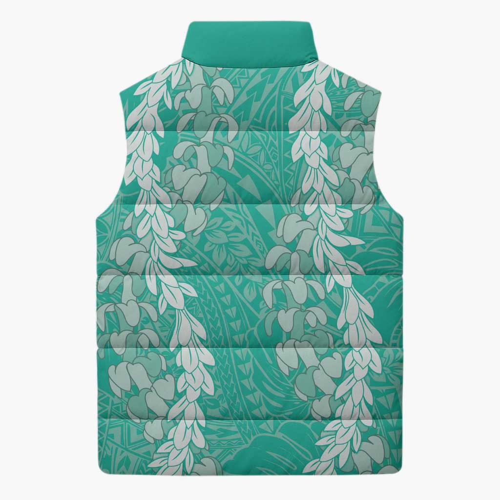 Puakenikeni and Maile Lei Sleeveless Puffer Jacket Sage Green Double Strand Lei LT9 - Polynesian Pride