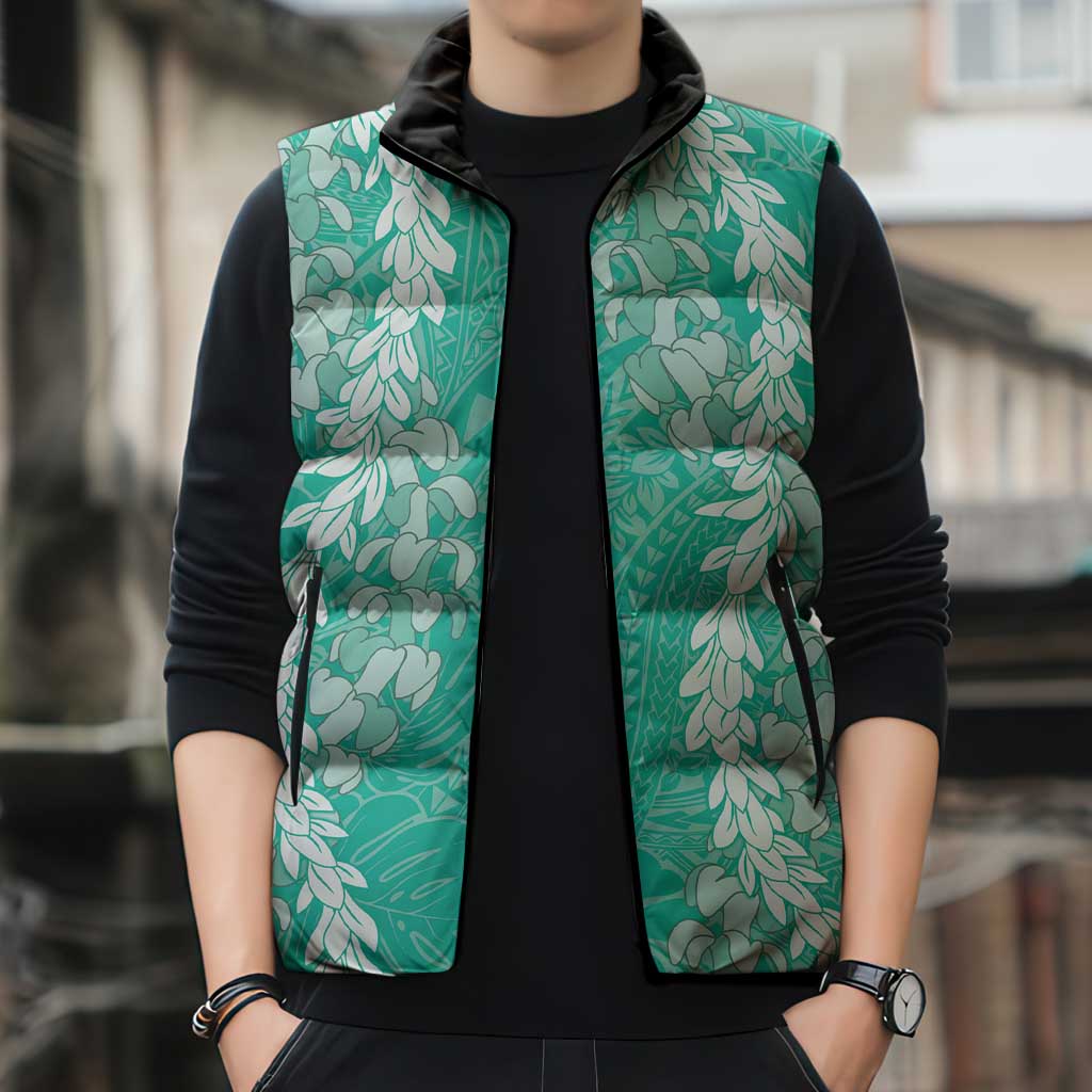 Puakenikeni and Maile Lei Sleeveless Puffer Jacket Sage Green Double Strand Lei LT9 - Polynesian Pride