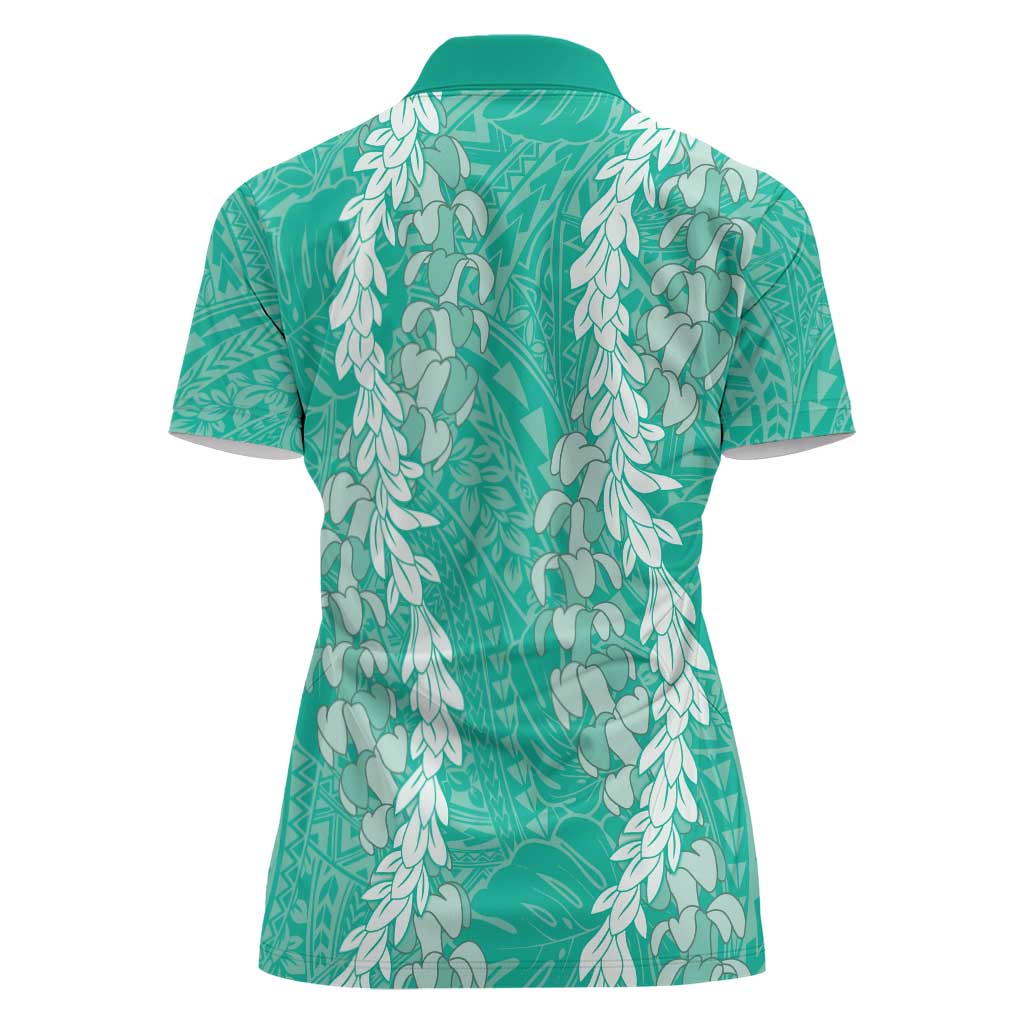 Puakenikeni and Maile Lei Women Polo Shirt Sage Green Double Strand Lei