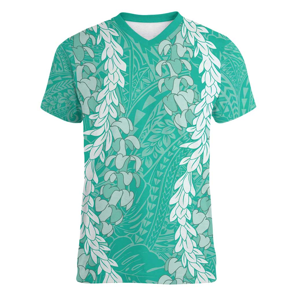 Puakenikeni and Maile Lei Women V-Neck T-Shirt Sage Green Double Strand Lei