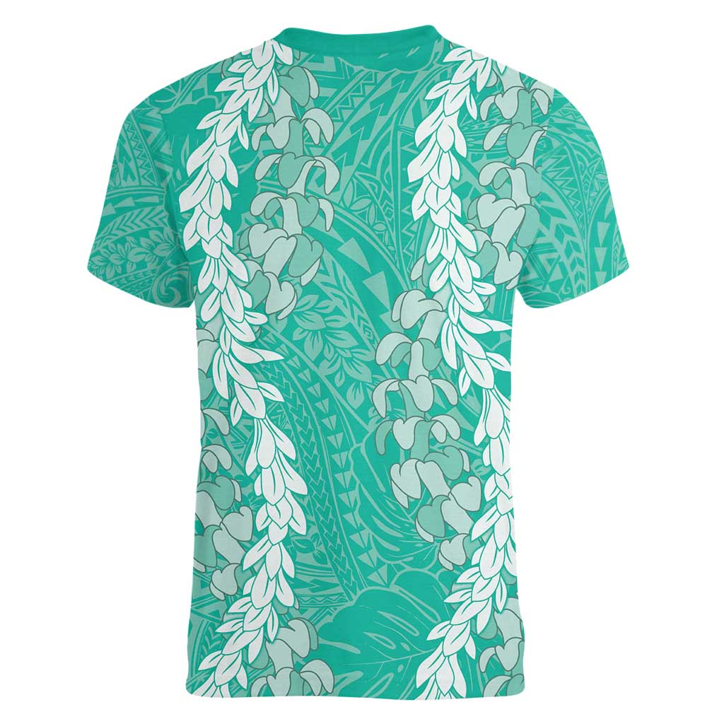 Puakenikeni and Maile Lei Women V-Neck T-Shirt Sage Green Double Strand Lei