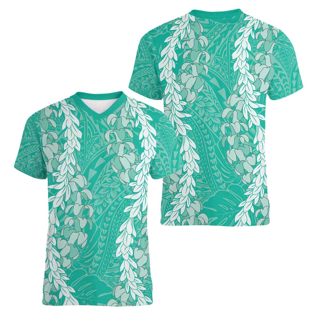 Puakenikeni and Maile Lei Women V-Neck T-Shirt Sage Green Double Strand Lei