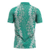 Puakenikeni and Maile Lei Zipper Polo Shirt Sage Green Double Strand Lei - Polynesian Pride