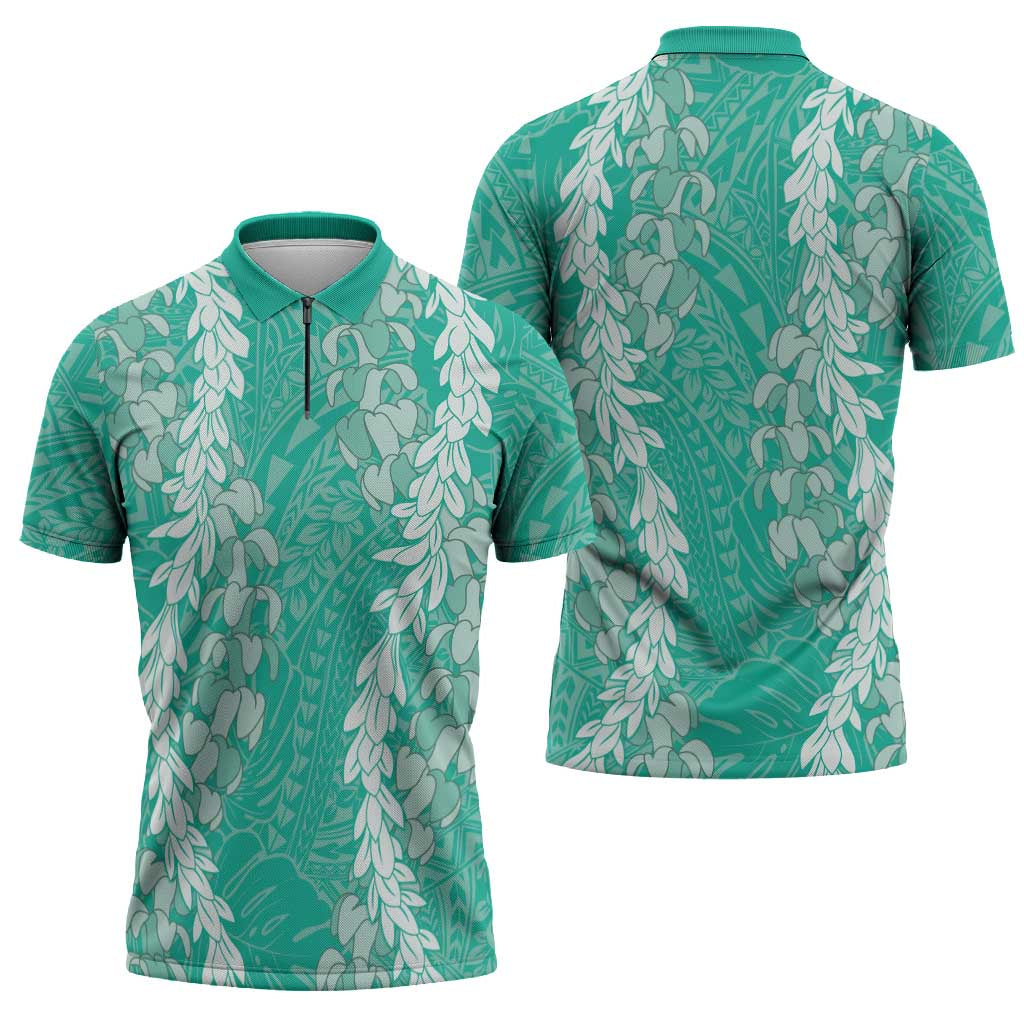 Puakenikeni and Maile Lei Zipper Polo Shirt Sage Green Double Strand Lei - Polynesian Pride