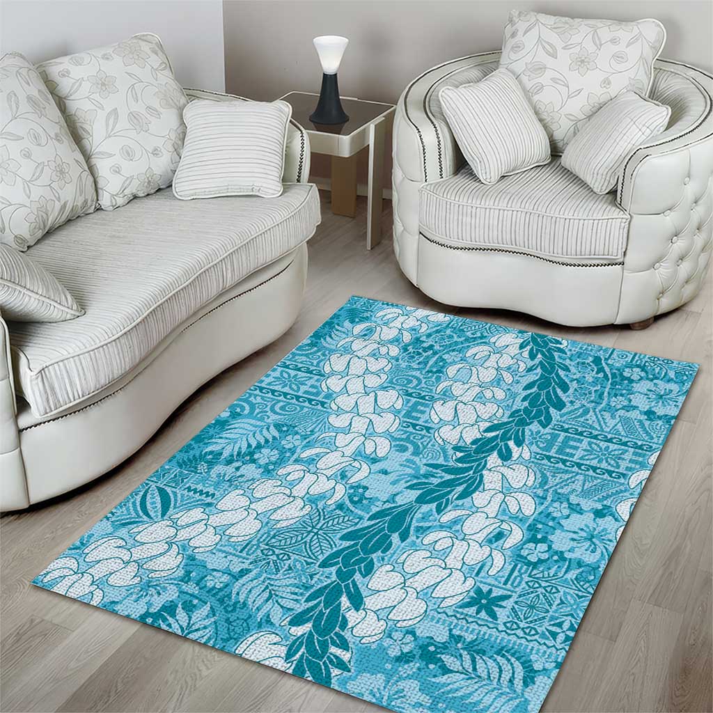 Blue Puakenikeni and Maile Lei Area Rug Hawaiian Style Tribal Tapa Double Strand Lei