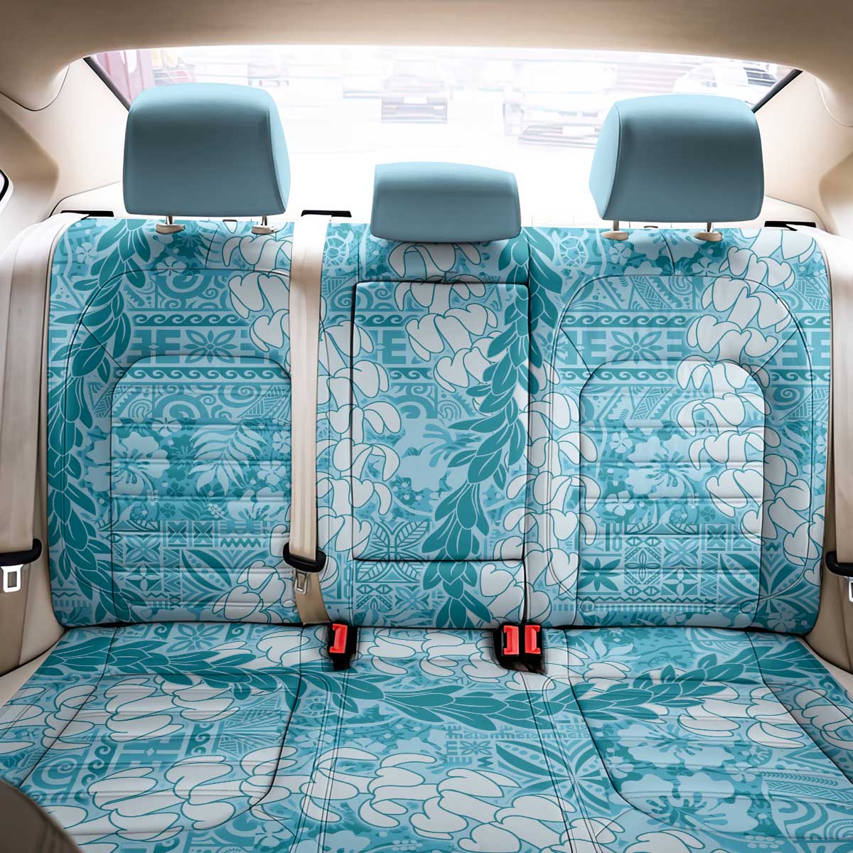 Blue Puakenikeni and Maile Lei Back Car Seat Cover Hawaiian Style Tribal Tapa Double Strand Lei