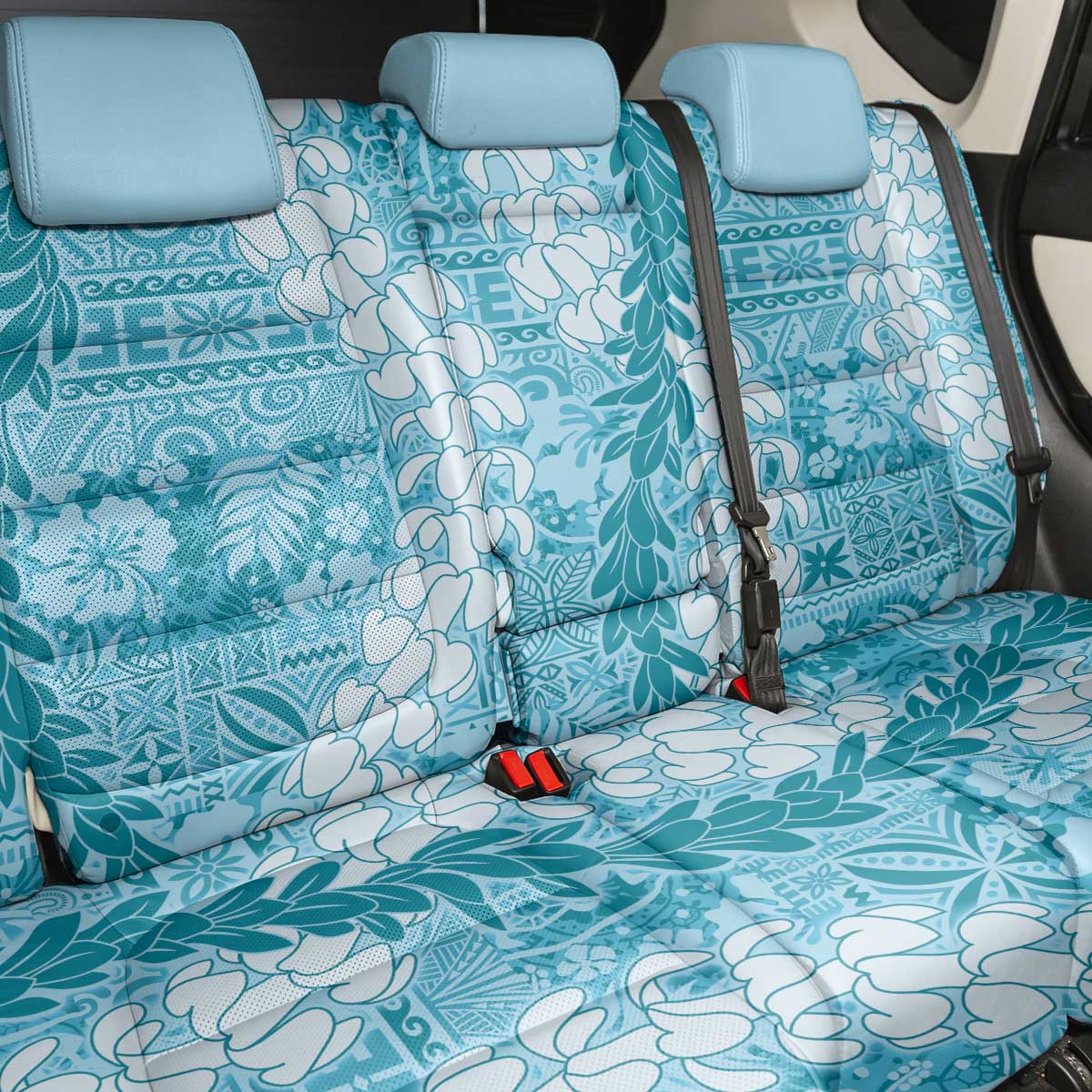 Blue Puakenikeni and Maile Lei Back Car Seat Cover Hawaiian Style Tribal Tapa Double Strand Lei