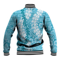 Blue Puakenikeni and Maile Lei Baseball Jacket Hawaiian Style Tribal Tapa Double Strand Lei