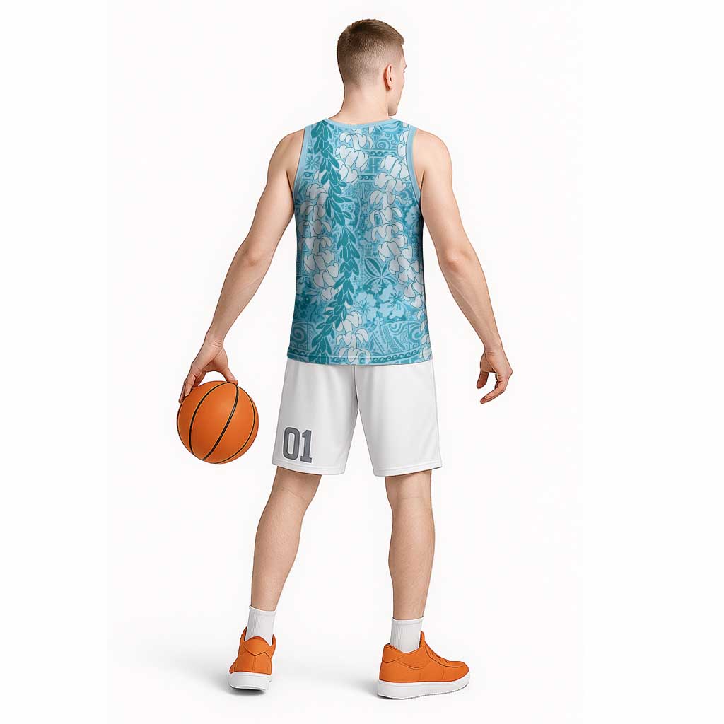 Blue Puakenikeni and Maile Lei Basketball Jersey Hawaiian Style Tribal Tapa Double Strand Lei - Polynesian Pride