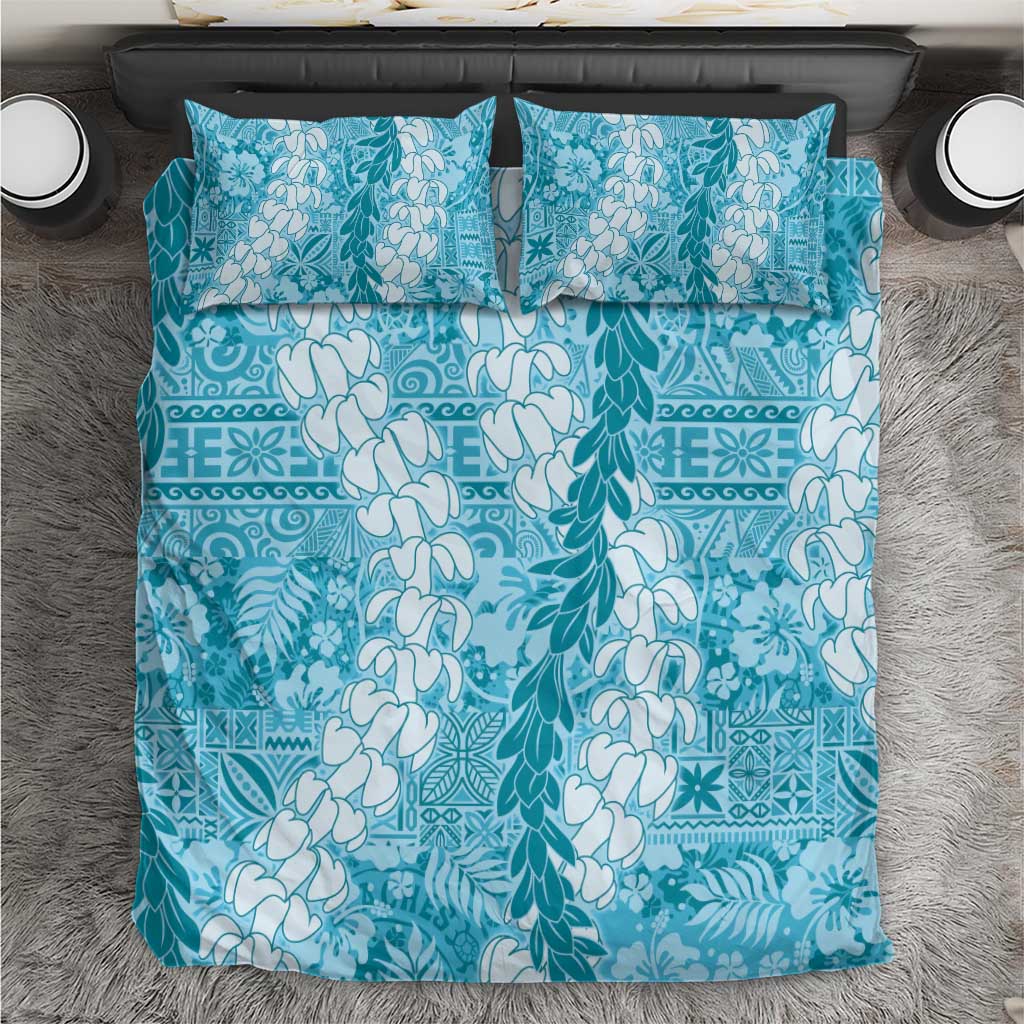 Blue Puakenikeni and Maile Lei Bedding Set Hawaiian Style Tribal Tapa Double Strand Lei