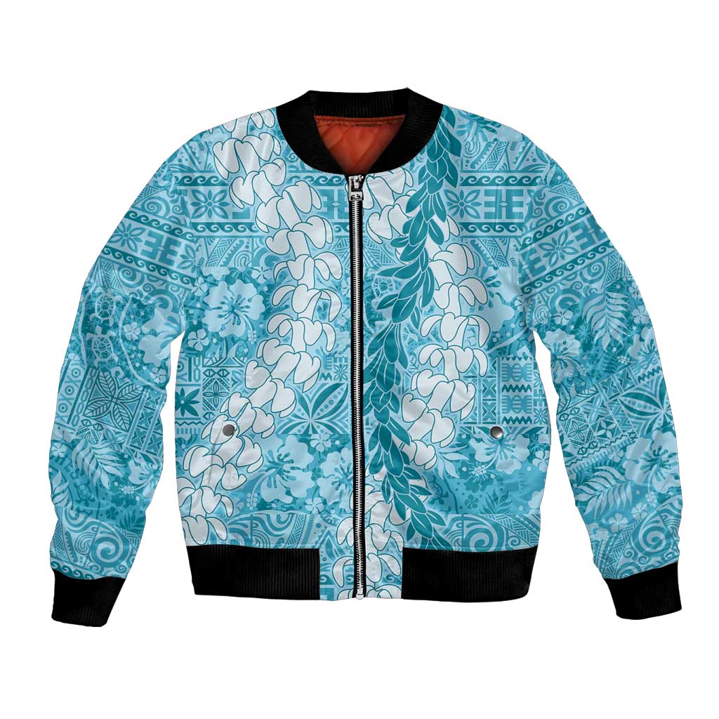 Blue Puakenikeni and Maile Lei Bomber Jacket Hawaiian Style Tribal Tapa Double Strand Lei