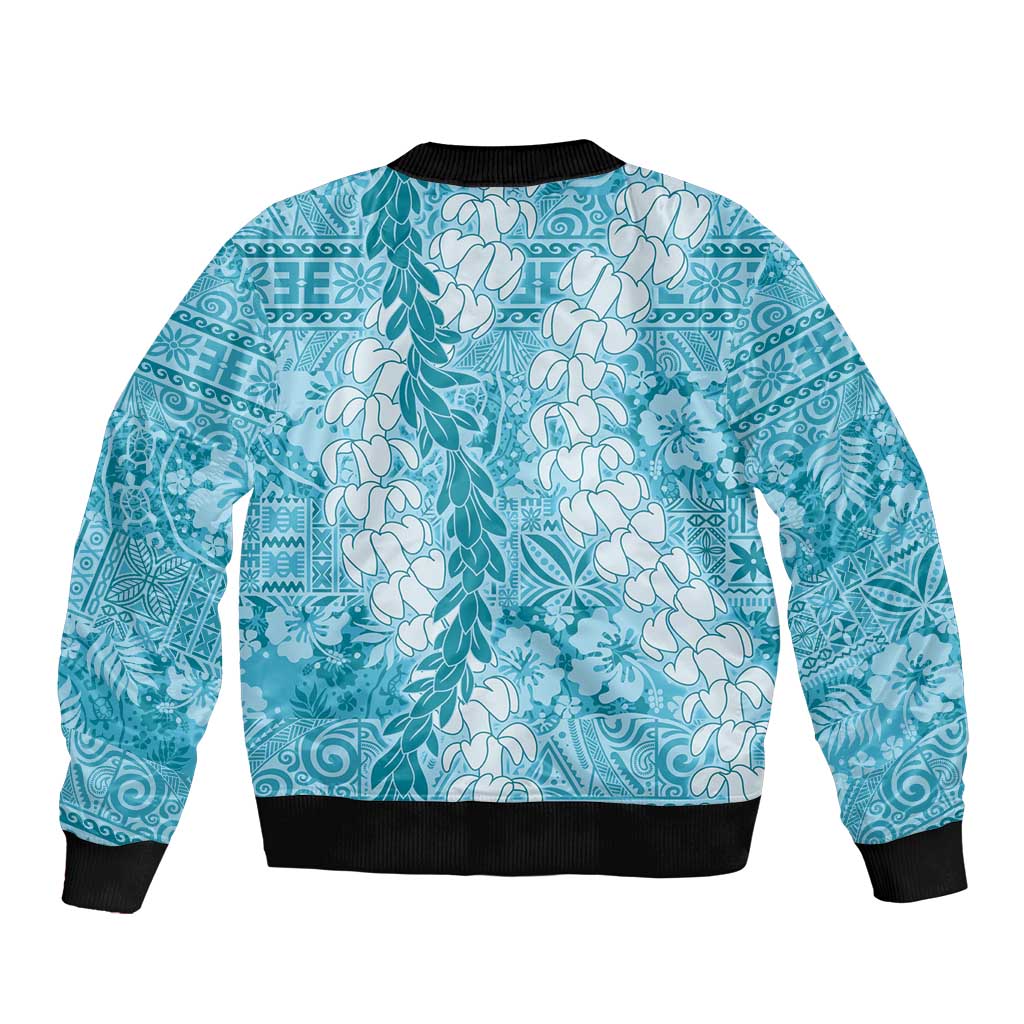 Blue Puakenikeni and Maile Lei Bomber Jacket Hawaiian Style Tribal Tapa Double Strand Lei