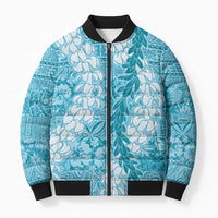 Blue Puakenikeni and Maile Lei Bomber Puffer Jacket Hawaiian Style Tribal Tapa Double Strand Lei LT9 Unisex Blue - Polynesian Pride