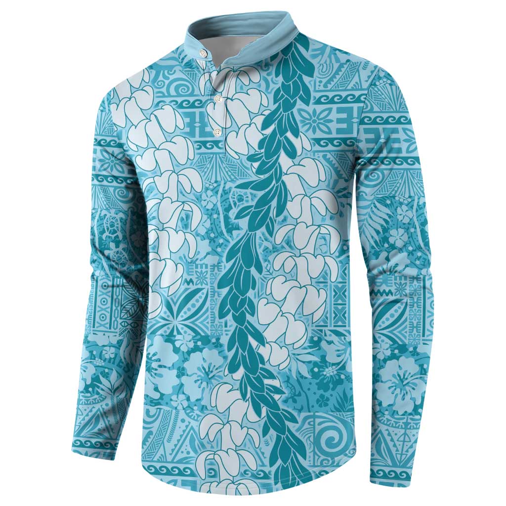 Blue Puakenikeni and Maile Lei Button Sweatshirt Hawaiian Style Tribal Tapa Double Strand Lei LT9 - Polynesian Pride