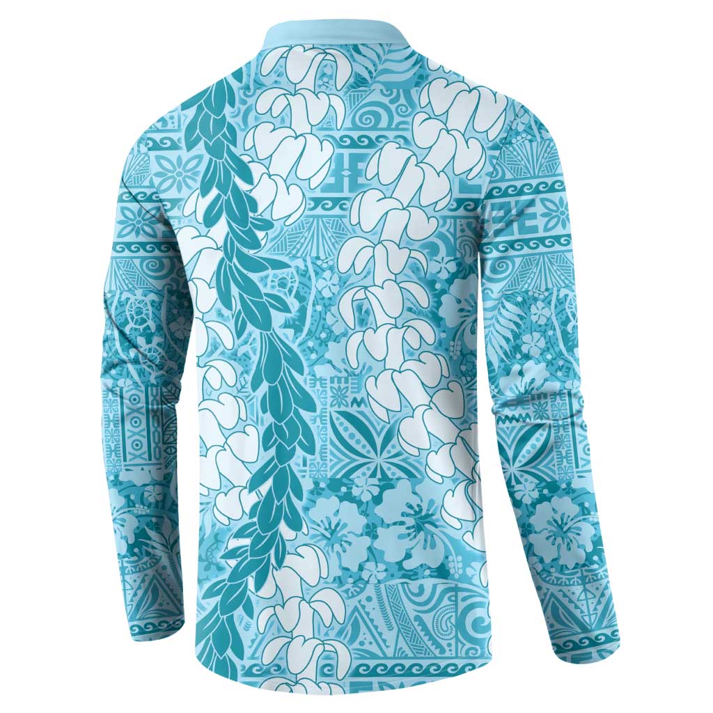 Blue Puakenikeni and Maile Lei Button Sweatshirt Hawaiian Style Tribal Tapa Double Strand Lei LT9 - Polynesian Pride