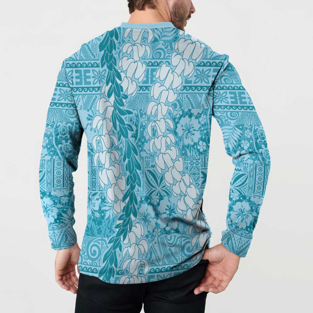 Blue Puakenikeni and Maile Lei Button Sweatshirt Hawaiian Style Tribal Tapa Double Strand Lei LT9 - Polynesian Pride