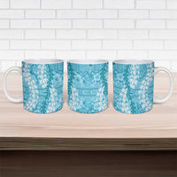 Blue Puakenikeni and Maile Lei Ceramic Mug Hawaiian Style Tribal Tapa Double Strand Lei - Polynesian Pride
