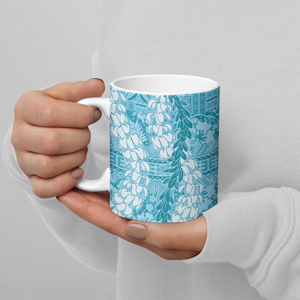 Blue Puakenikeni and Maile Lei Ceramic Mug Hawaiian Style Tribal Tapa Double Strand Lei - Polynesian Pride