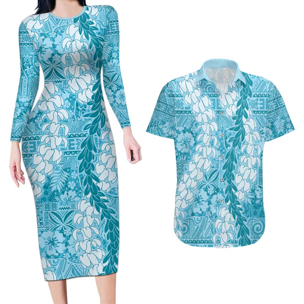 Blue Puakenikeni and Maile Lei Couples Matching Long Sleeve Bodycon Dress and Hawaiian Shirt Hawaiian Style Tribal Tapa Double Strand Lei LT9 Blue - Polynesian Pride