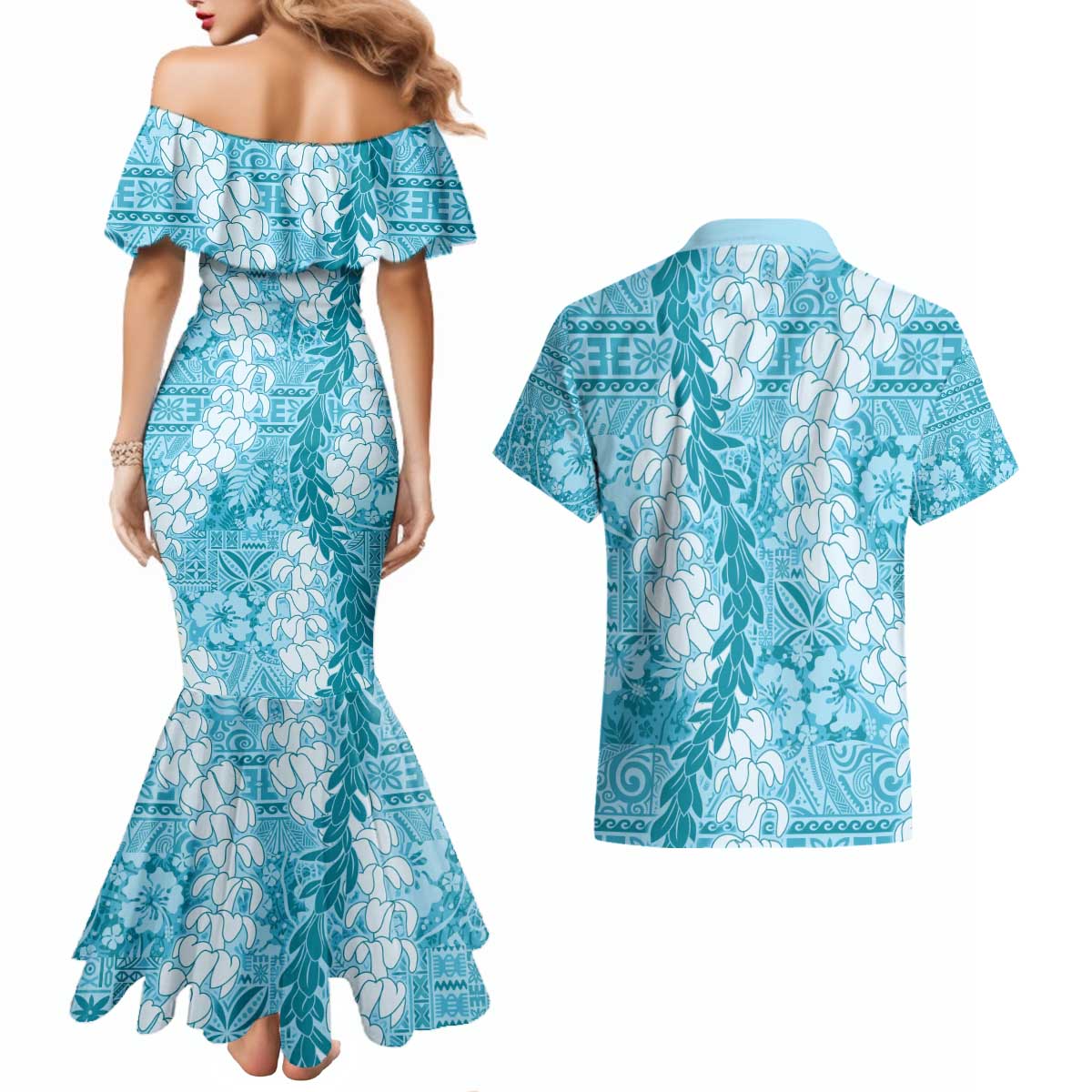 Blue Puakenikeni and Maile Lei Couples Matching Mermaid Dress and Hawaiian Shirt Hawaiian Style Tribal Tapa Double Strand Lei
