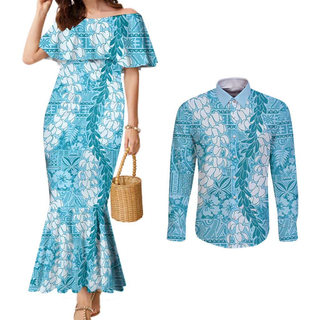 Blue Puakenikeni and Maile Lei Couples Matching Mermaid Dress and Long Sleeve Button Shirt Hawaiian Style Tribal Tapa Double Strand Lei LT9 Blue - Polynesian Pride