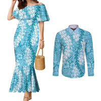 Blue Puakenikeni and Maile Lei Couples Matching Mermaid Dress and Long Sleeve Button Shirt Hawaiian Style Tribal Tapa Double Strand Lei