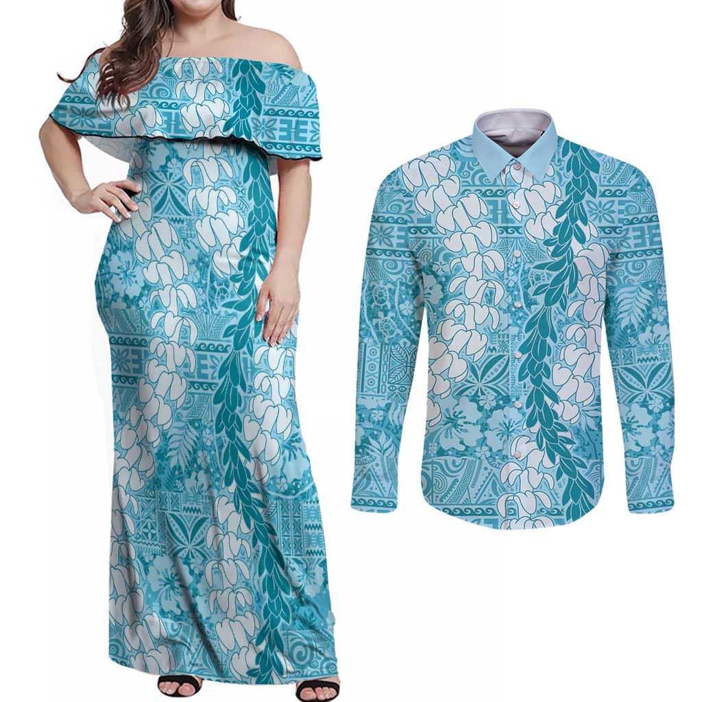 Blue Puakenikeni and Maile Lei Couples Matching Off Shoulder Maxi Dress and Long Sleeve Button Shirt Hawaiian Style Tribal Tapa Double Strand Lei LT9 Blue - Polynesian Pride