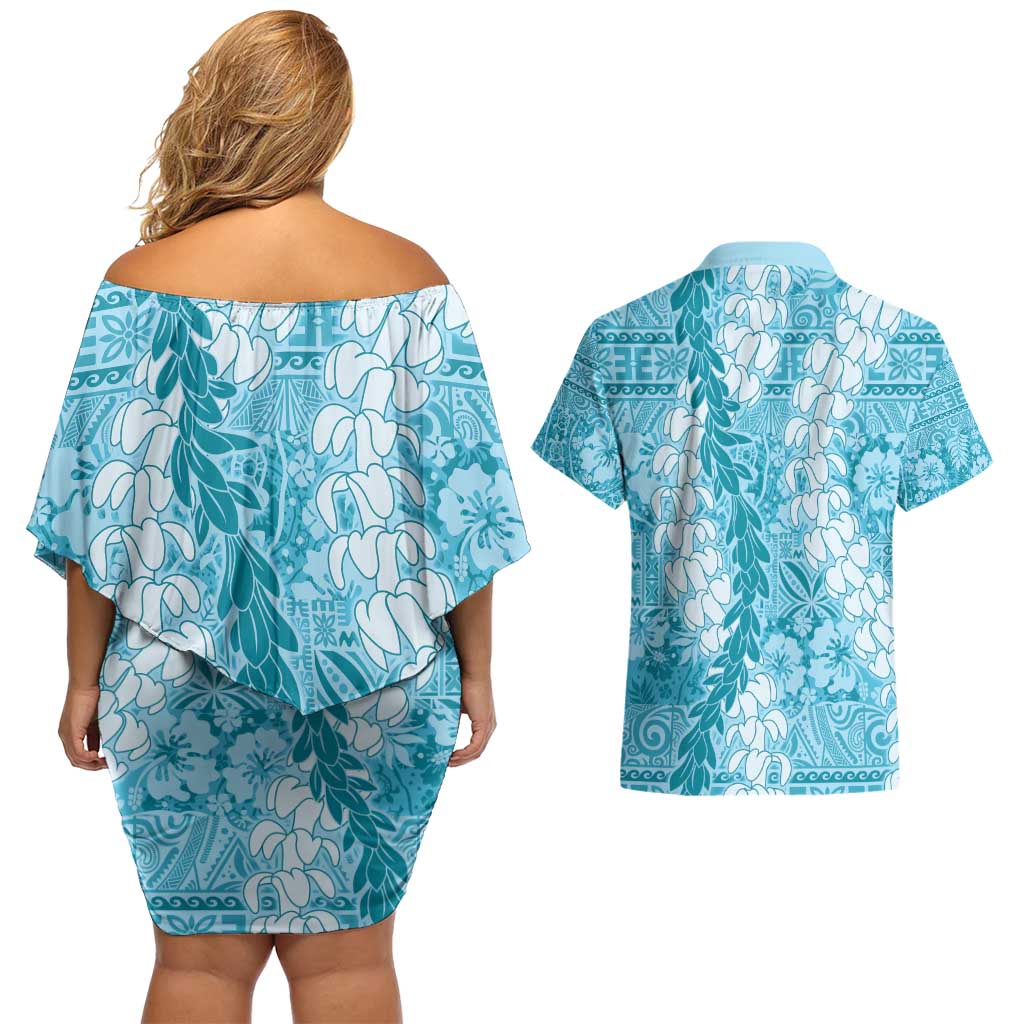Blue Puakenikeni and Maile Lei Couples Matching Off Shoulder Short Dress and Hawaiian Shirt Hawaiian Style Tribal Tapa Double Strand Lei