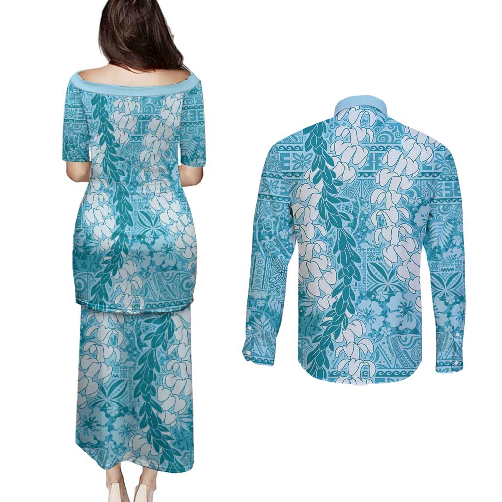 Blue Puakenikeni and Maile Lei Couples Matching Puletasi and Long Sleeve Button Shirt Hawaiian Style Tribal Tapa Double Strand Lei